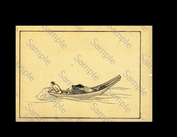 Antique  Meiji period Chinese subject Japanese woodblock Fisherman Circa 1889