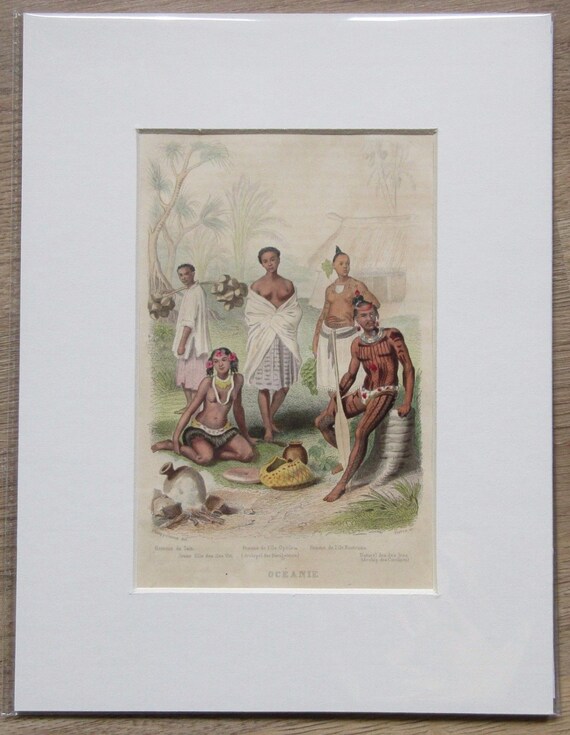 Hand colored 1859 Costume print -Oceania, Taiti, Opolou, Routouma, Iros.-  -Decorative Art- Fashion Matted