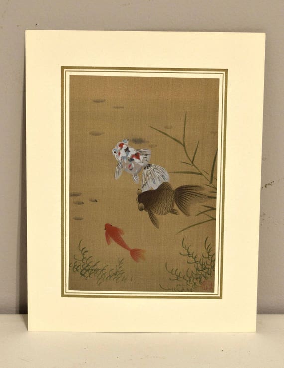 Original Chinese Goldfish Watercolor Silk Painting Matted