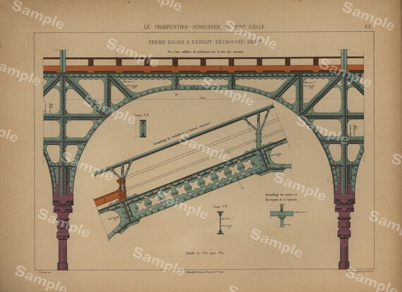 Unique Antique Architectural Print Le Charpentier Serrurier Au XIX Siecle decorative wall art original color lithograph print Very Rare