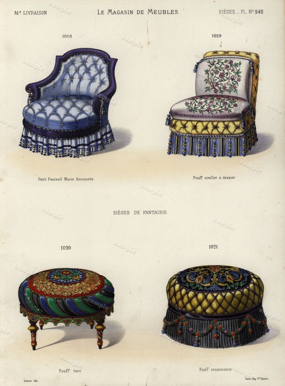 19th Century Original Antique Hand Colored Engraving  - Furniture engraving  decorative art art decor Chairs Meubles et Objets