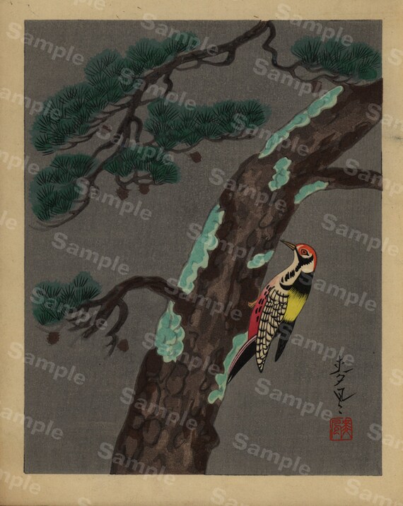 Vintage Japanese hand colored  Painting from 1940's era signed by artist Birds and trees