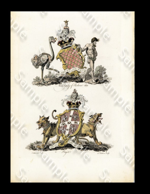 True Authentic Rare Heraldry Coat of Arms hand colored engraving print Circa 1790