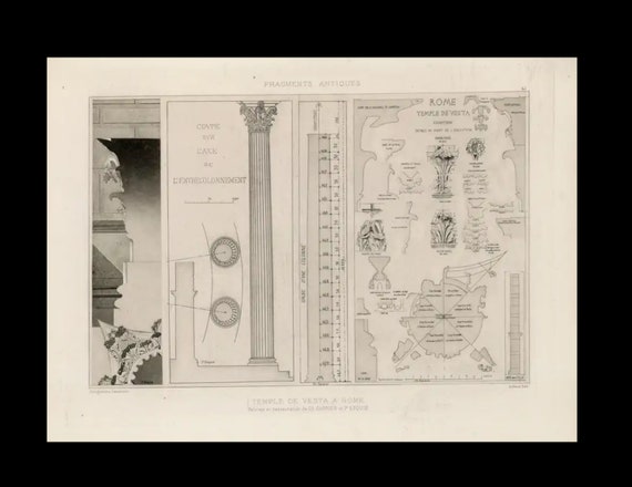 Antique Original Engraving of Architectural Elements From Fragments D’Architecture Palestrine   1905 D'Espouy Rome