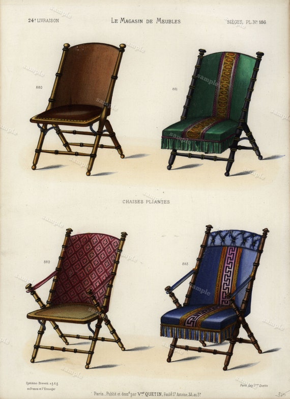 19th Century Original Antique Hand Colored Engraving  - Furniture engraving  decorative art art decor Chairs Meubles et Objets