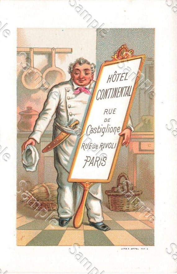 Rare  Victorian Trade card Large chromo Advertising Hotel Continental, Rue de Castiglione