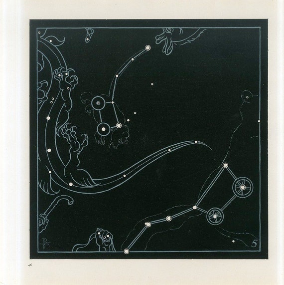 1910 Original Antique Lithograph of Stars Constellations Triangle Decorative art wall art Astronomy Black & white double sided