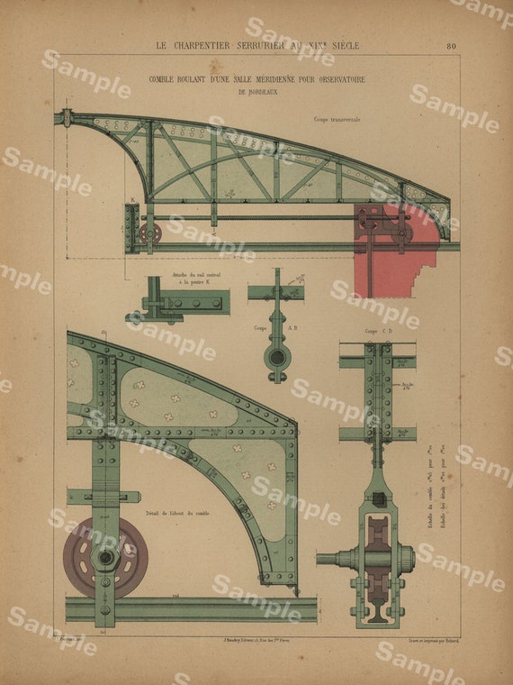 Unique Antique Architectural Print Le Charpentier Serrurier Au XIX Siecle decorative wall art original color lithograph print Very Rare