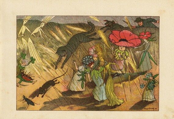 Original Antique German Fairy Tale Print from Children Fairy Tale book.  Very nice ready to be framed. Cats- Flower peole rats