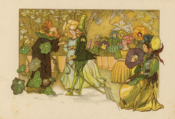 Original Antique German Fairy Tale Print from Children Fairy Tale book.  Very nice ready to be framed. People Dressed in Flowers  plants