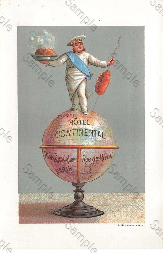 Rare  Victorian Trade card Large chromo Advertising Hotel Continental, Rue de Castiglione