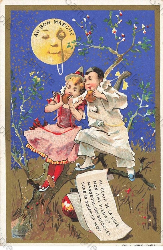 Rare  Victorian Trade card Au Bon Merche Children under the moon