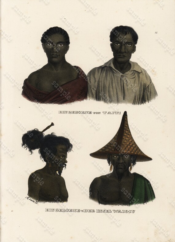 Antique Hand Colored Engraving of Human Races - Pacific Tahitians Natives-  1836 Brodtmann  Folio  dated 1836