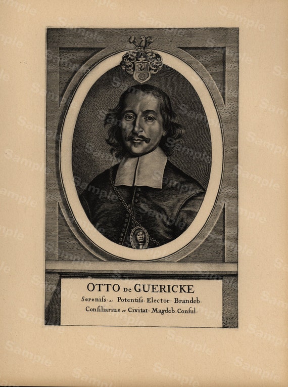 19th Century original antique portrait of Otto Von Guerike Large size black and white Lithograph