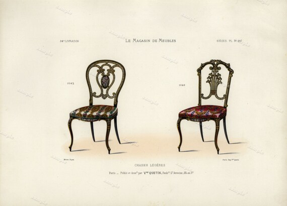 19th Century Original Antique Hand Colored Engraving  - Furniture engraving of Chairs decorative art art decor Meubles et Objets