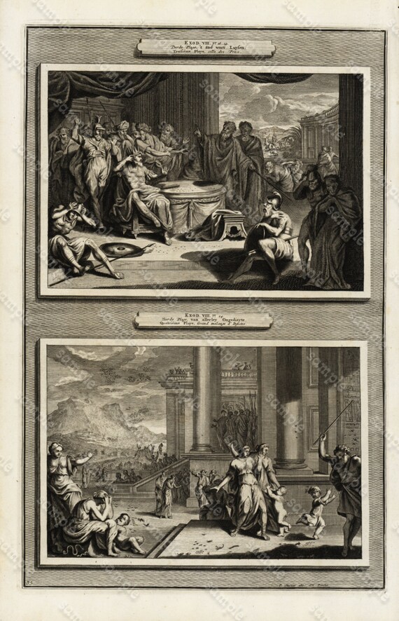 Antique Original Biblical Engraving Of Egyptian Plagues,Moses forces Pharaoh to let his people go buy one get one free only biblical