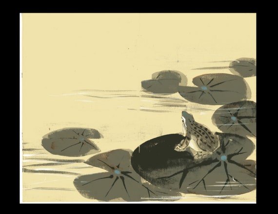 hand drawn hand painted Japanese Chinese  Center fold print Frog in a pond