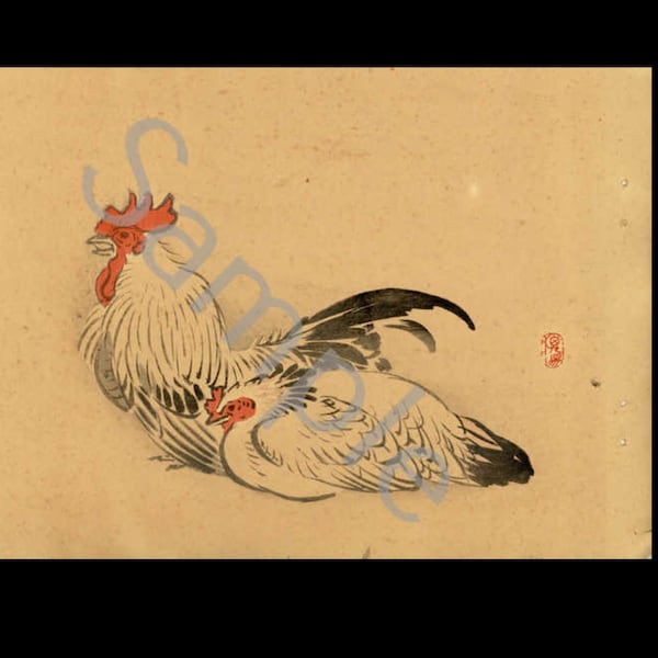 Antique rare Japanese  Woodblock Print Roosters