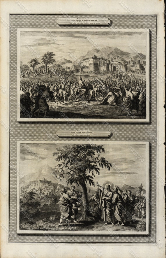 Antique Original Biblical Engraving Of The Entry into Jerusalem and The Fig Tree