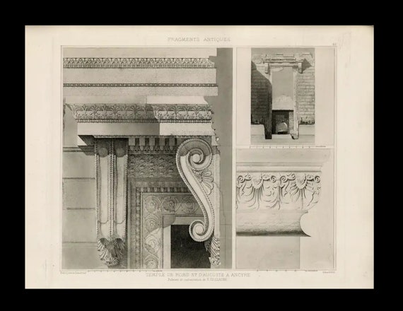 Antique Original Engraving of Architectural Elements From Fragments D’Architecture Palestrine   1905 D'Espouy Rome