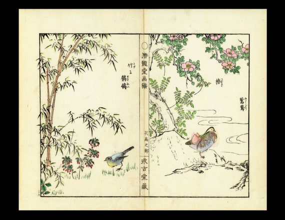 Japanese woodblock print Birds, Botanical flora