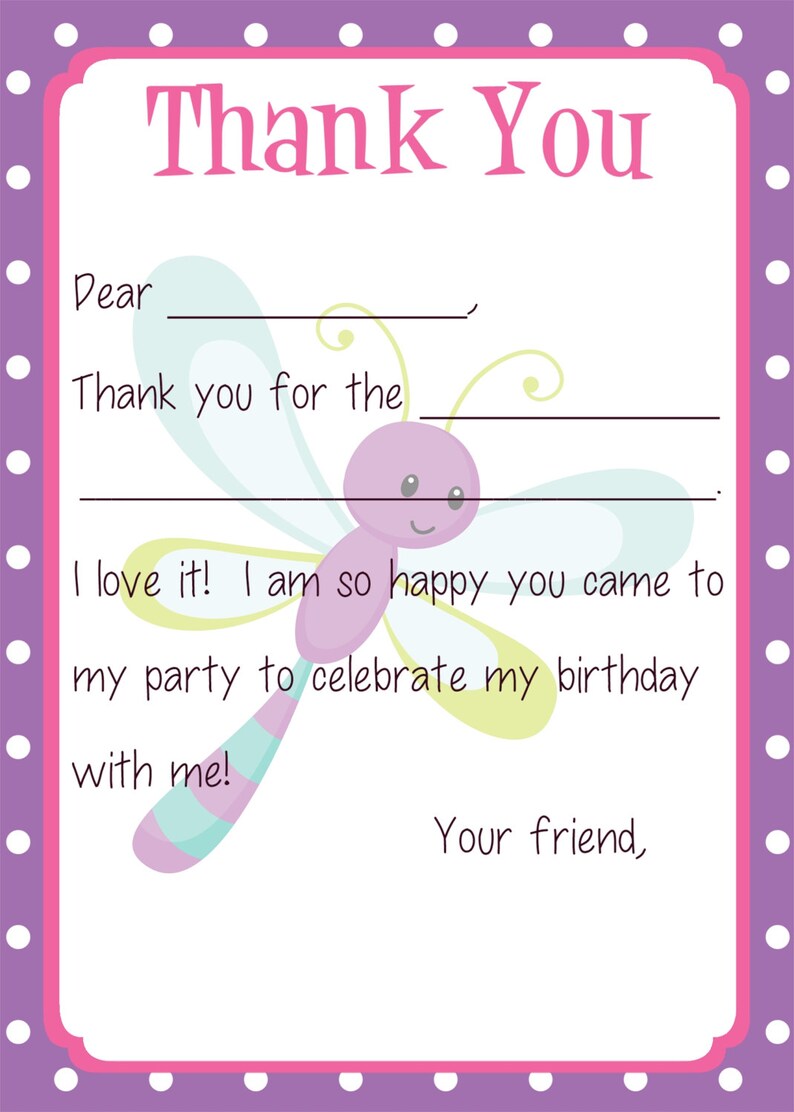 Bugs, Snails, Dragonfly, Butterfly Kids Fill In the Blank Thank You Cards for Girls