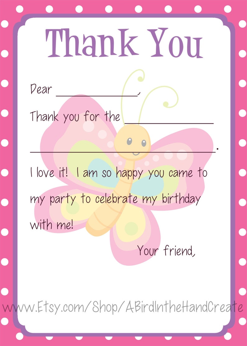 Bugs, Snails, Dragonfly, Butterfly Kids Fill In the Blank Thank You Cards for Girls