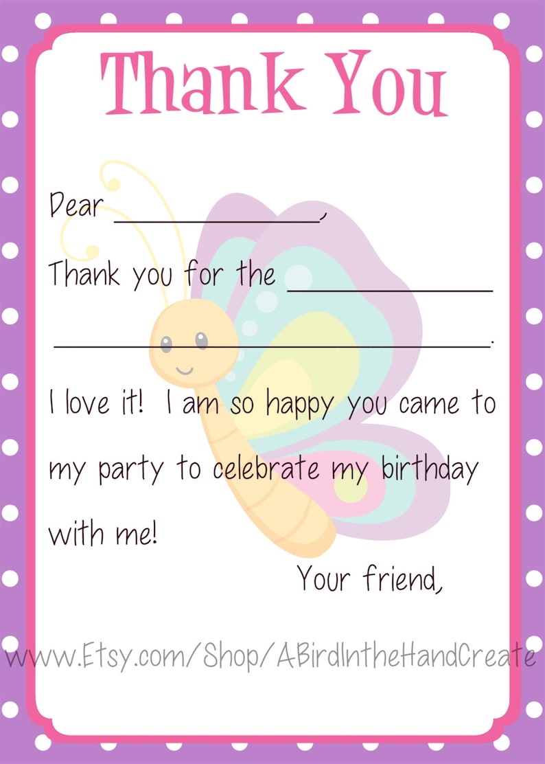 Bugs, Snails, Dragonfly, Butterfly Kids Fill In the Blank Thank You Cards for Girls