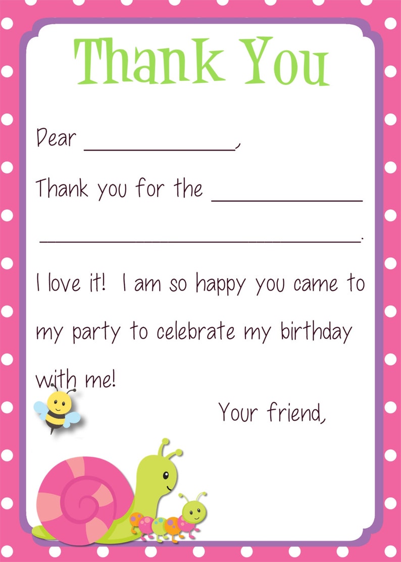 Bugs, Snails, Dragonfly, Butterfly Kids Fill In the Blank Thank You Cards for Girls