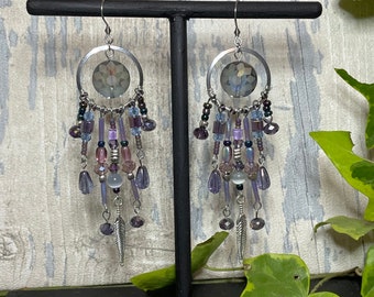 Dangle purple chandelier. Beaded chandelier. Purple earrings