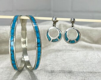 1960s Turquoise Sterling Silver Mexico Earring Bracelet Set Turquoise Bangle Vintage Screw Back Earrings Alpaca
