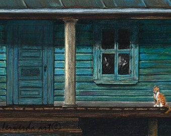 Colored Pencil Drawing Print - Cat On The Porch - Day 169