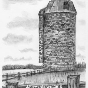 May include: A black and white pencil drawing of a brick silo with a metal roof. The silo is surrounded by a wooden fence and tall grass. The drawing is signed "J. FerwerdaArt@2018".