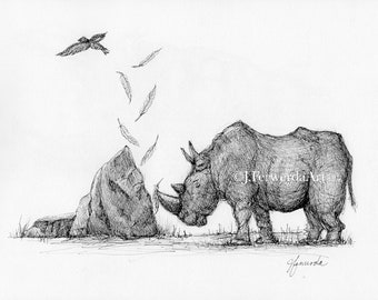 Rhino Stories - Ink on paper print