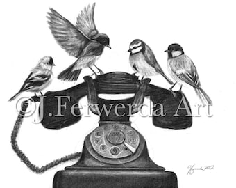 Pencil Drawing Print - Four Calling Birds - Day 346