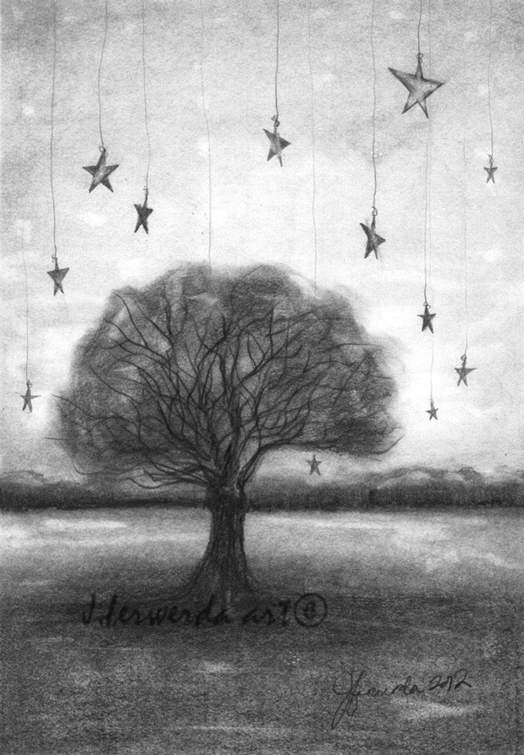 鉛筆画プリント - 木の星 - 355日目 - Etsy 日本