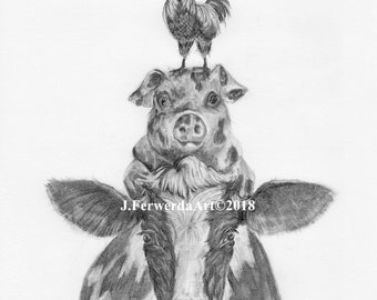 Pencil Drawing Print - Farm Friends