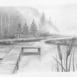 Cattails and Waterways - Pencil Drawing Print