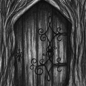 May include: A black and white pencil drawing of a wooden door with an intricate iron design. The door is set within a frame of twisting branches.
