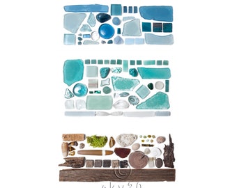 Coastal Art-ifact Print- Land Sea Sky- Seaglass, Wood, Shells, Gemtone, Modern Rustic, Aqua, Beach, Ocean