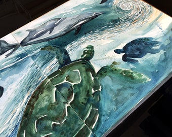 Ocean Canvas Diptych Watercolor Oceanscape- "A Changing Sea" Turtle, Manatee, Dolphin, Fish, Mermaid