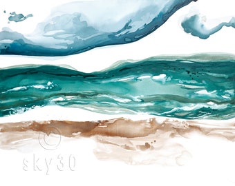 Coastal Watercolor Print: "White Noise Vol II" Abstract horizon, ocean wave, beachy modern