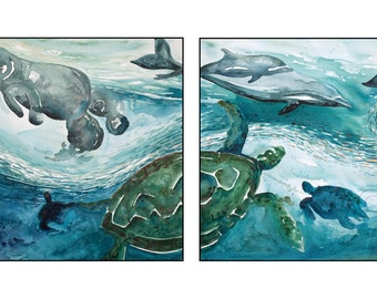 Watercolor Oceanscape- "A Changing Sea" Matted Diptych Print- Turtle, Dolphin, Manatee, Mermaid