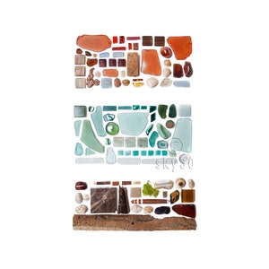 May include: A mosaic artwork made of various colored glass, stones, and wood. The artwork is divided into three horizontal sections, each with a different color scheme. The top section is primarily orange and red, the middle section is green and blue, and the bottom section is brown and beige.
