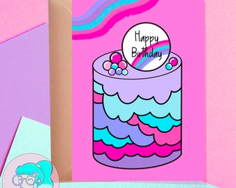 Happy Birthday cake Greetings card - Birthday card - rainbow cake card