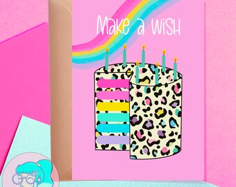 Make a wish Leopard print cake Greetings card - Birthday card - leopard print card