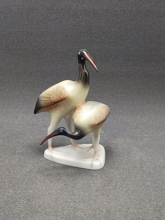 HELLOHAZA ハンガリー　ホロハーザ　鳥　置物 Hollohaza のトキの鳥のペアの磁器の置物 - ハンガリー - ミッド