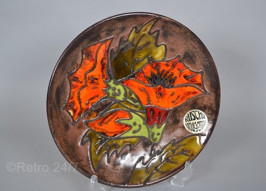 工芸品 Vintage Ruscha Fat Lava Wall Plate Ruscha West German Fat Lava Wallplate / Plate - Decor Flowers 717