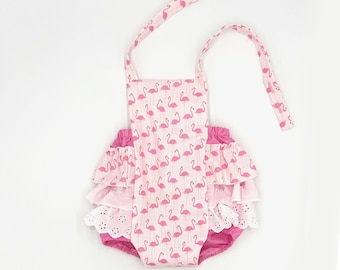 Baby pink unicorn print romper with back ruffles