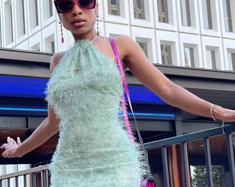 Mint Green Fur Halter Top Backless Mini Dress